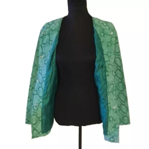 Chi by Falchi Green &Cream 100% Leather Snake Print Button Up Jacket XS NWT $189 - Picture 2 of 7